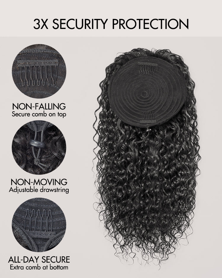 Water Wave Flexi-Fit Drawstring Ponytail Extension Human Hair Natural Black Curly Ponytail