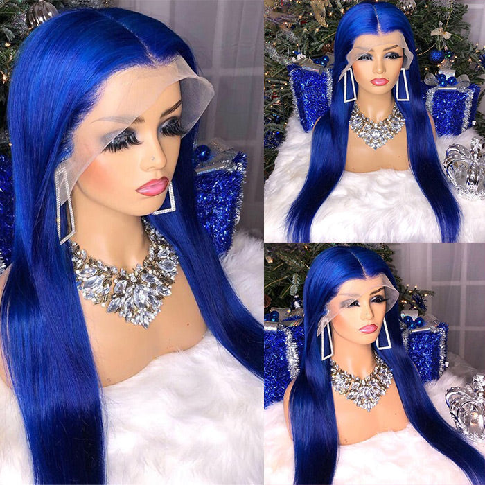 Blue color Straight 13x4 Frontal Lace Wig HD Lace Wig 200% Density