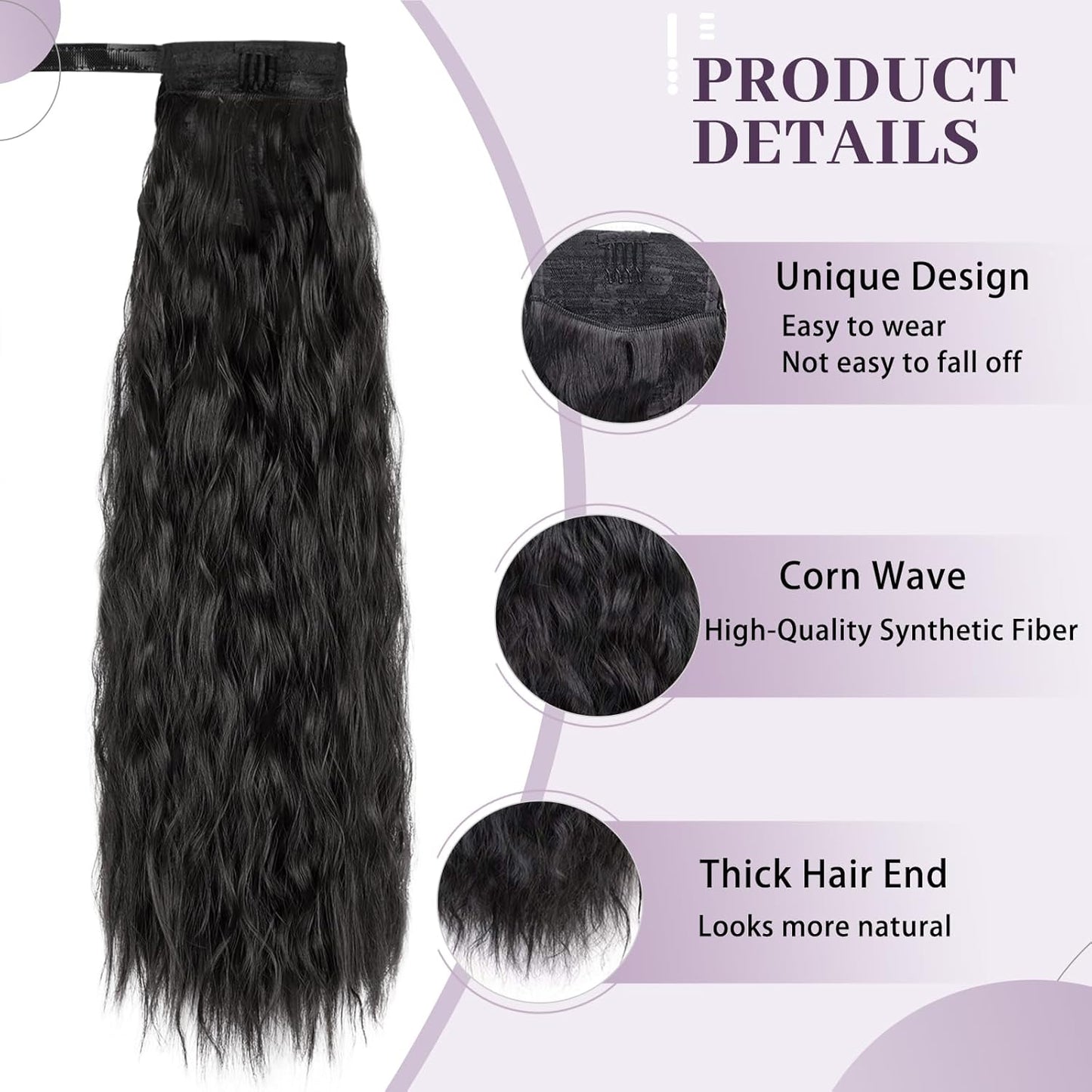 Corn Wave Ponytail Extension Clip-in for Women Virgin Hair Natural Black