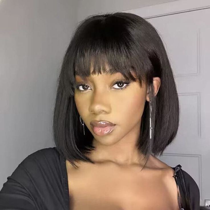 Eloisha Natural Black Blunt Cut Bob With Bang Shoulder length Wig Human Hair