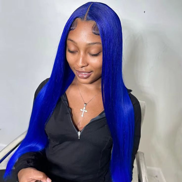 Blue color Straight 13x4 Frontal Lace Wig HD Lace Wig 200% Density