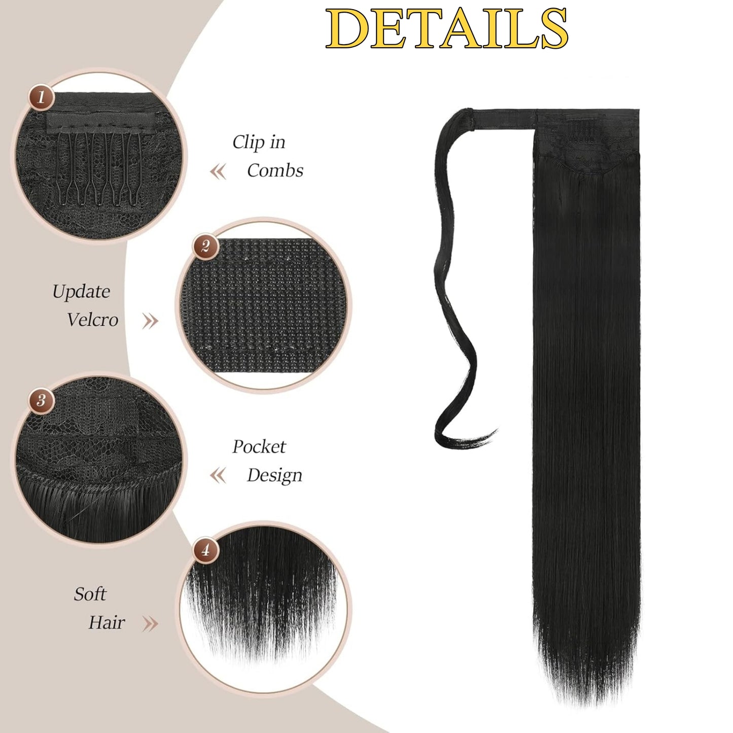 Natural Black Sleek Long Straight Wrap Around Ponytail Hair Extension Virgin Hair
