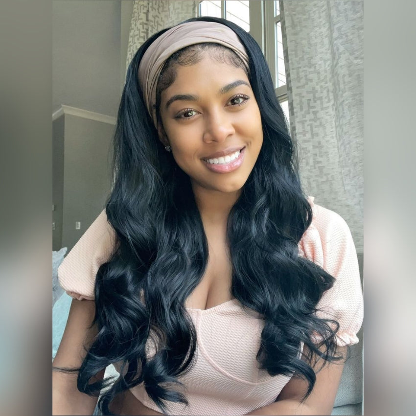 Natural Black Body Wave Headband wig 1 Sec-Instal 100% Human Hair Wig