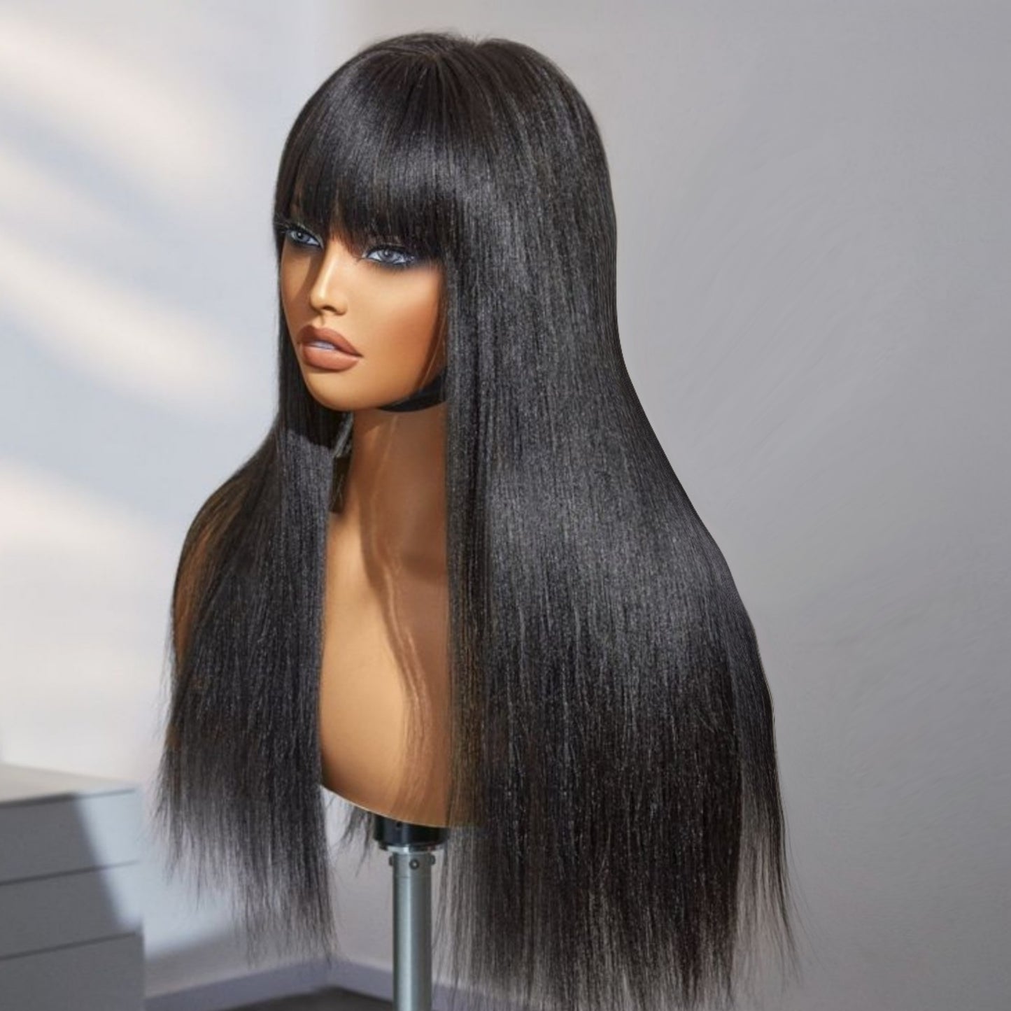 Natural Black Straight Wig With Bangs Human Hair Wig 1 Sec-Instal 100% Human Hair Wig