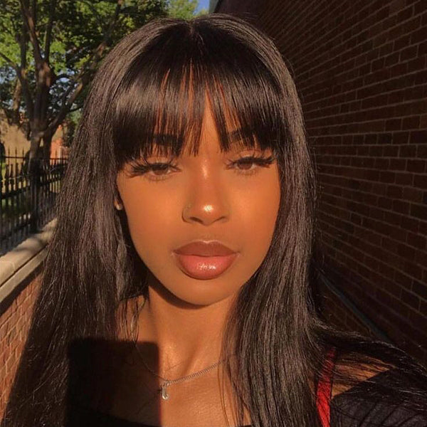 Natural Black Straight Wig With Bangs Human Hair Wig 1 Sec-Instal 100% Human Hair Wig