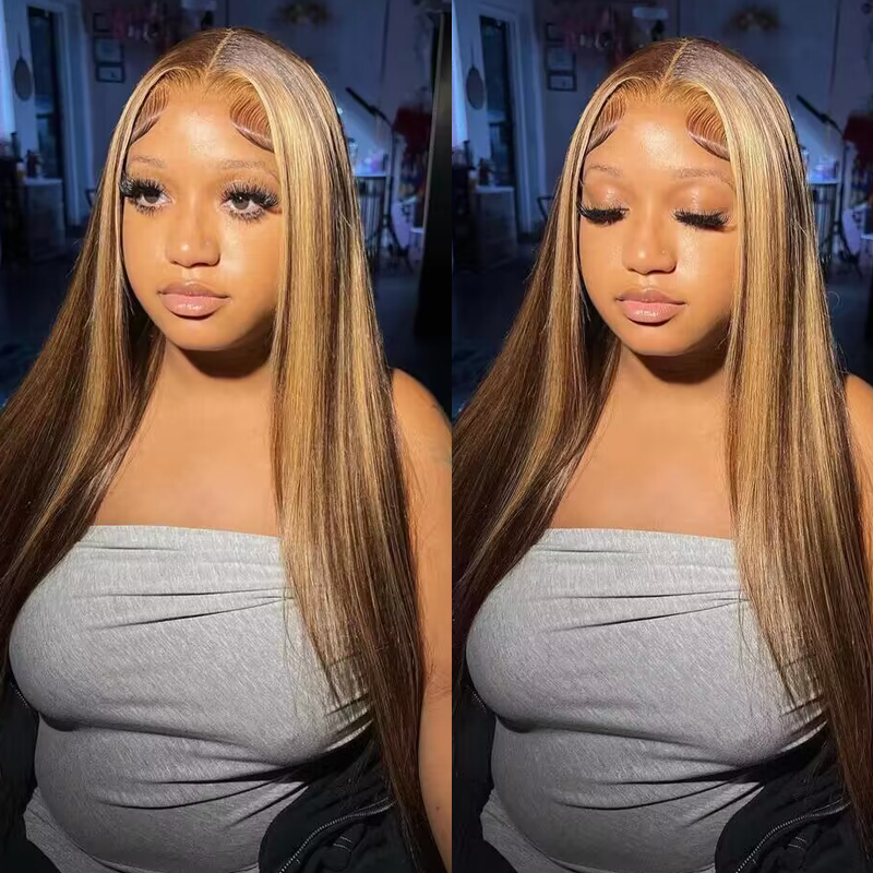 Wear & Go Glueless 5x5 Closure HD Lace Honey Blonde Highlight Wig Straight Hair Lace Front Human Hair Wig 24 inches