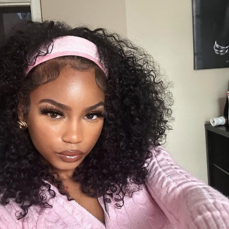 Natural Black Curly Headband wig 1 Sec-Instal 100% Human Hair Wig