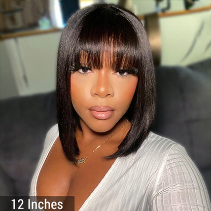 Eloisha Natural Black Blunt Cut Bob With Bang Shoulder length Wig Human Hair