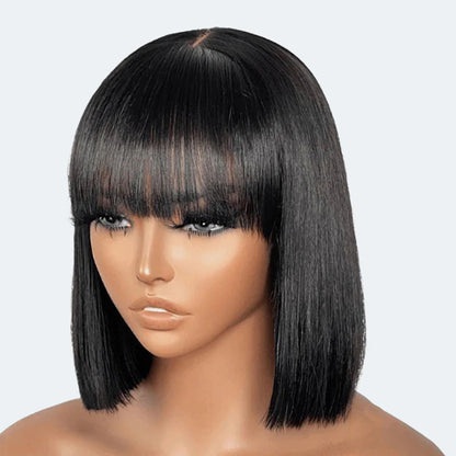 Eloisha Natural Black Blunt Cut Bob With Bang Shoulder length Wig Human Hair