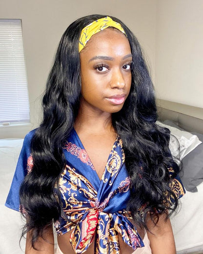 Natural Black Body Wave Headband wig 1 Sec-Instal 100% Human Hair Wig