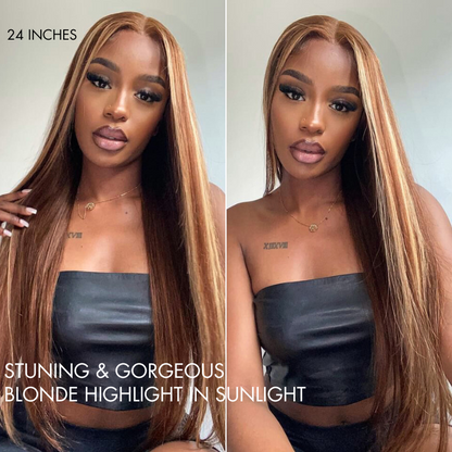 Wear & Go Glueless 5x5 Closure HD Lace Honey Blonde Highlight Wig Straight Hair Lace Front Human Hair Wig 24 inches