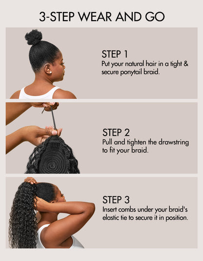 Water Wave Flexi-Fit Drawstring Ponytail Extension Human Hair Natural Black Curly Ponytail