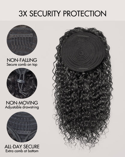 Water Wave Flexi-Fit Drawstring Ponytail Extension Human Hair Natural Black Curly Ponytail