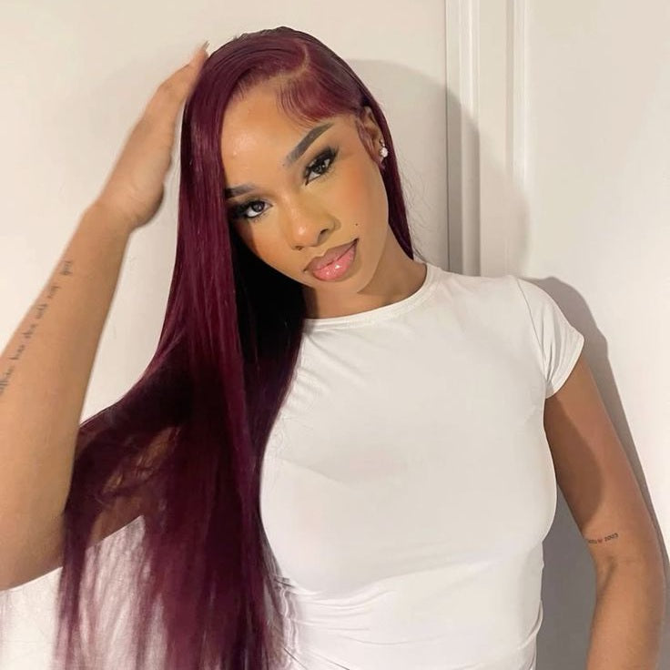 Eloisha 99J wig Straight Frontal Lace Glueless HD Lace Wig 100% Human Hair