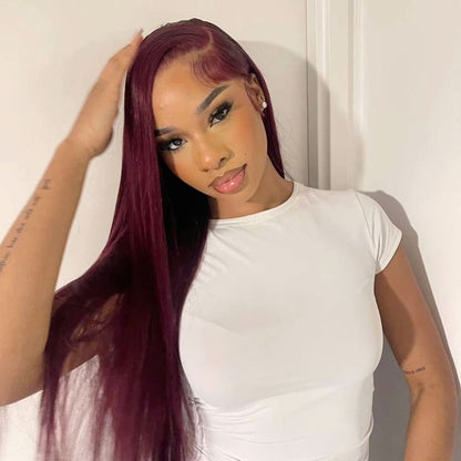 Eloisha 99J wig Straight Frontal Lace Glueless HD Lace Wig 100% Human Hair