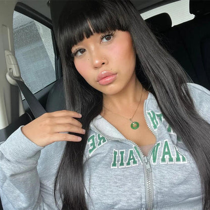 Natural Black Straight Wig With Bangs Human Hair Wig  1 Sec-Instal 100% Human Hair Wig