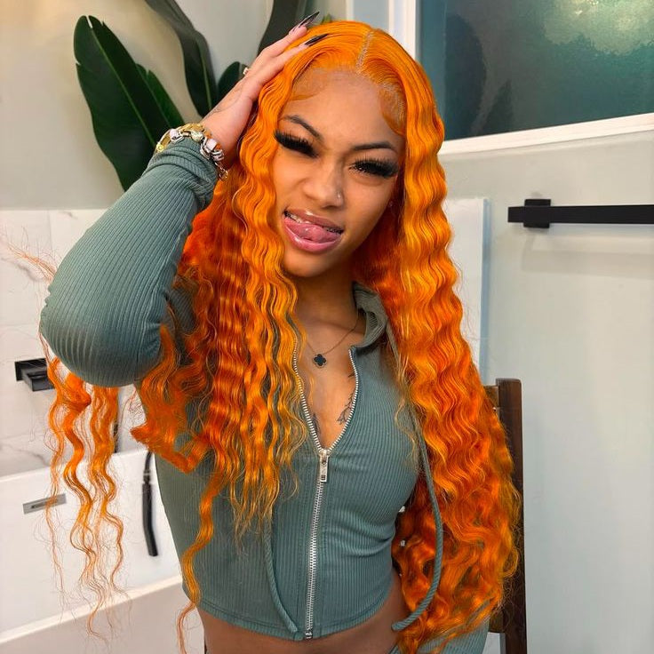 Pumpkin Orange wig Water Wave 13x6 Frontal Lace Glueless HD Lace Wig