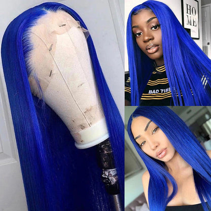 Blue color Straight 13x4 Frontal Lace Wig HD Lace Wig 200% Density