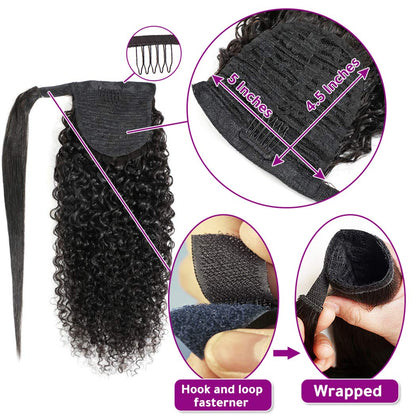Water Wave Ponytail Extension Human Hair Natural Black Curly Ponytail Tie