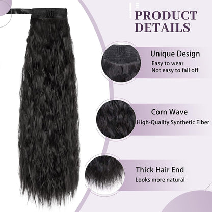 Corn Wave Ponytail Extension Clip-in for Women Virgin Hair Natural Black