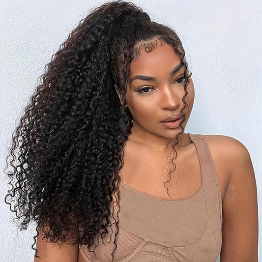 Water Wave Flexi-Fit Drawstring Ponytail Extension Human Hair Natural Black Curly Ponytail