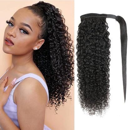 Water Wave Ponytail Extension Human Hair Natural Black Curly Ponytail Tie
