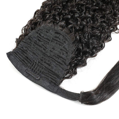 Water Wave Ponytail Extension Human Hair Natural Black Curly Ponytail Tie