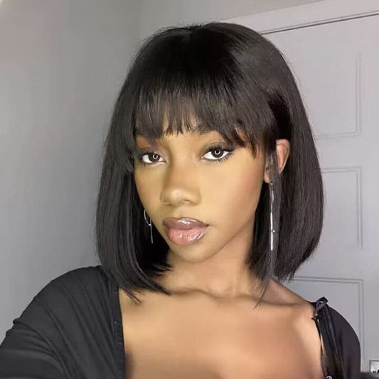 Eloisha Natural Black Blunt Cut Bob With Bang Shoulder length Wig Human Hair