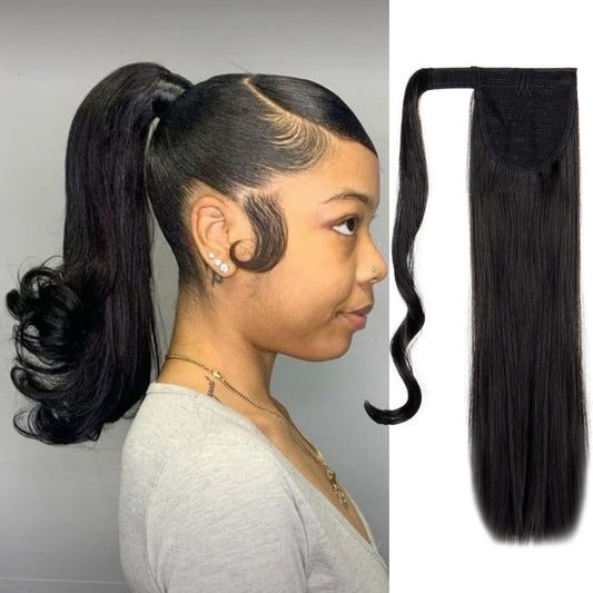 Natural Black Sleek Long Straight Wrap Around Ponytail Hair Extension Virgin Hair