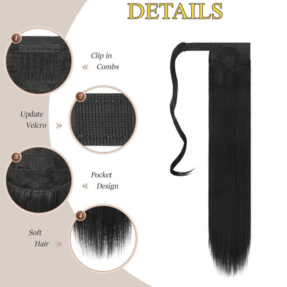 Natural Black Sleek Long Straight Wrap Around Ponytail Hair Extension Virgin Hair