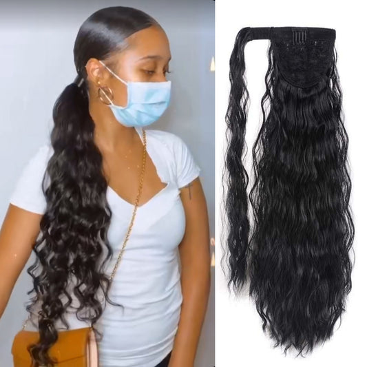 Corn Wave Ponytail Extension Clip-in for Women Virgin Hair Natural Black