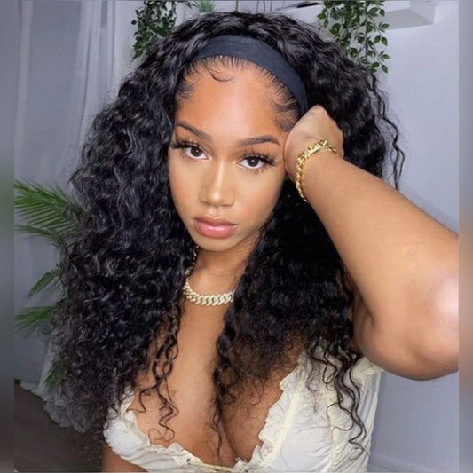 Natural Black Water Wave Headband wig 1 Sec-Instal 100% Human Hair Wig