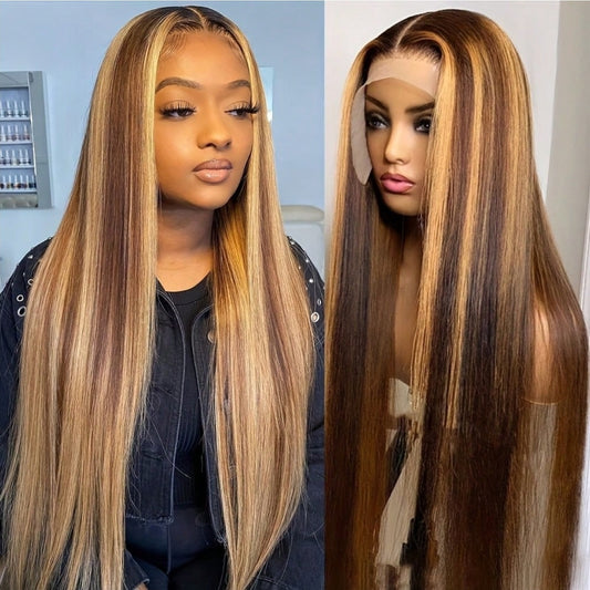 Wear & Go Glueless 5x5 Closure HD Lace Honey Blonde Highlight Wig Straight Hair Lace Front Human Hair Wig 24 inches