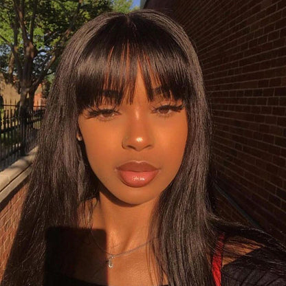 Natural Black Straight Wig With Bangs Human Hair Wig  1 Sec-Instal 100% Human Hair Wig