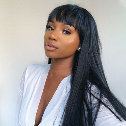 Natural Black Straight Wig With Bangs Human Hair Wig  1 Sec-Instal 100% Human Hair Wig