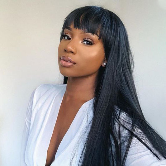 Natural Black Straight Wig With Bangs Human Hair Wig  1 Sec-Instal 100% Human Hair Wig